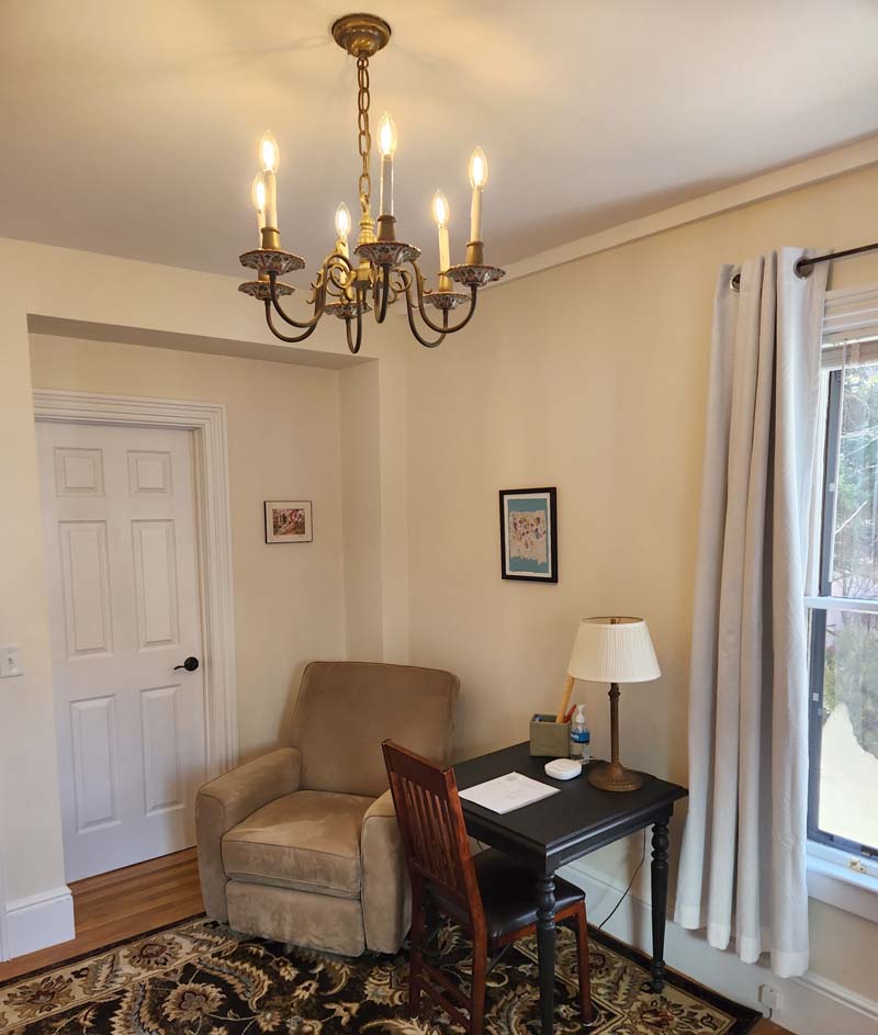 plush rocking chair, table/desk, chandelier, window